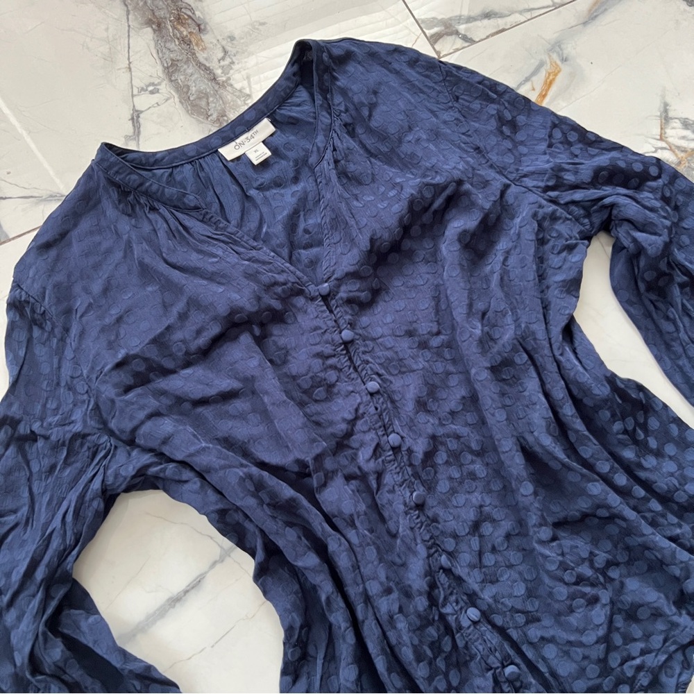 Navy Blue Polka Dot Button Up Long Sleeve Blouse Women’s XL